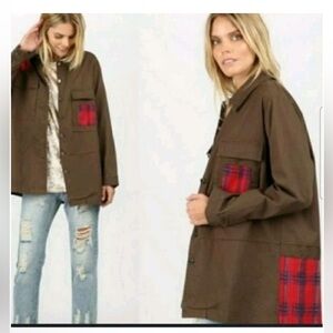 POL L NWOT BROWN DENIM RED FLANNEL PATCHES BUTTON JACKET